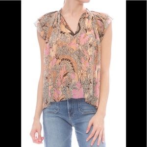 Ulla Johnson Silk Blouse Floral Ruffle Flutter Sleeve Lurex Ida US 4